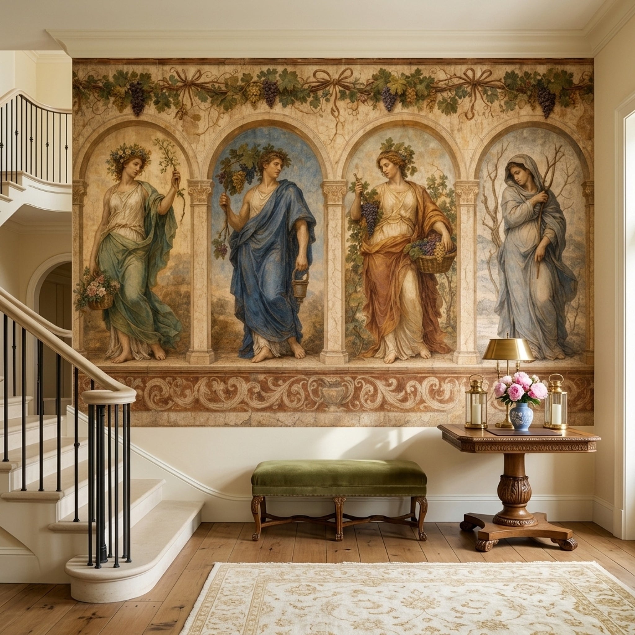 Muted Green Wallpaper Vintage Fresco Wall Mural