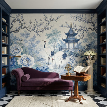 Chinoiserie Wallpaper Blue And White Cranes Removable Wall Decor