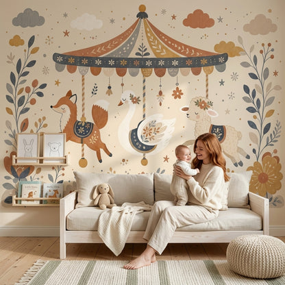 Whimsical Carousel Wallpaper Nursery Animals Folk Floral Wall Mural