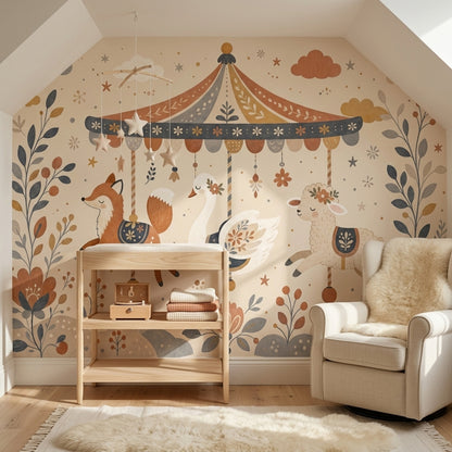 Whimsical Carousel Wallpaper Nursery Animals Folk Floral Wall Mural