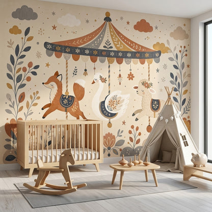Whimsical Carousel Wallpaper Nursery Animals Folk Floral Wall Mural