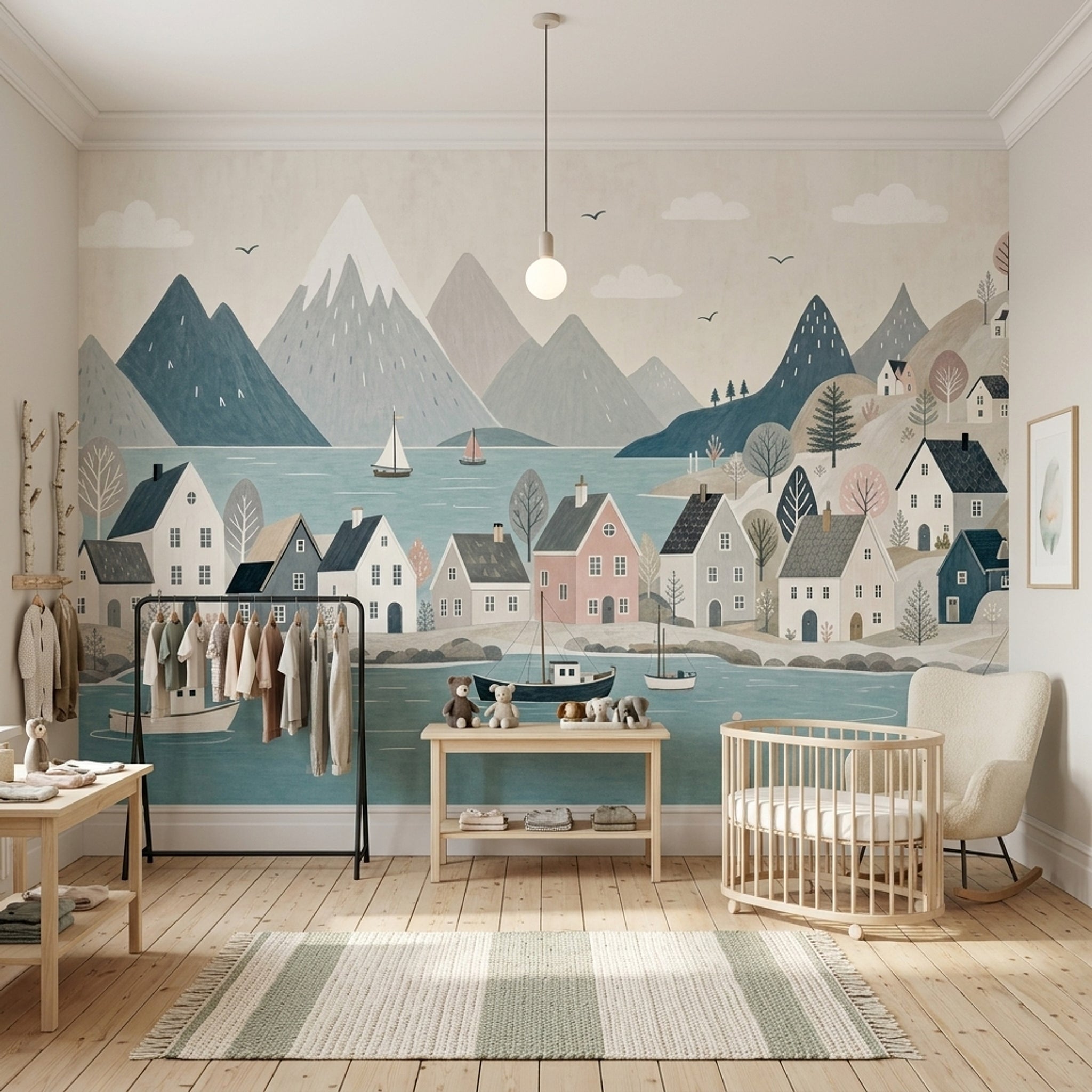 Scandinavian Fjord Wallpaper Coastal Village Watercolor Illustration Wall Mural