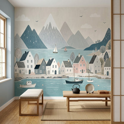 Scandinavian Fjord Wallpaper Coastal Village Watercolor Illustration Wall Mural