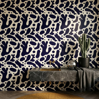 Abstract Wallpaper Dark Navy Organic Blobs Removable Wall Decor