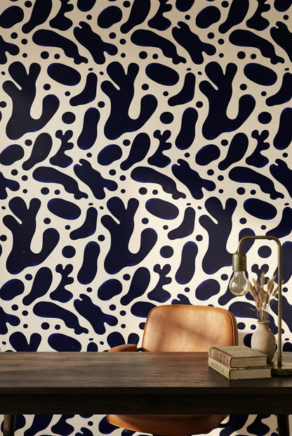 Abstract Wallpaper Dark Navy Organic Blobs Removable Wall Decor