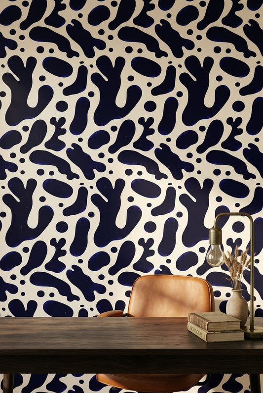 Abstract Wallpaper Dark Navy Organic Blobs Removable Wall Decor
