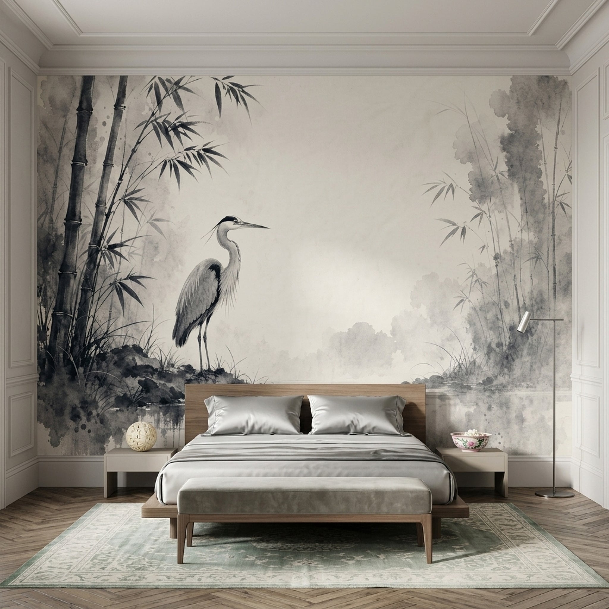 Ink Wash Wallpaper Bamboo Heron Removable Wall Decor