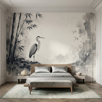 Ink Wash Wallpaper Bamboo Heron Removable Wall Decor
