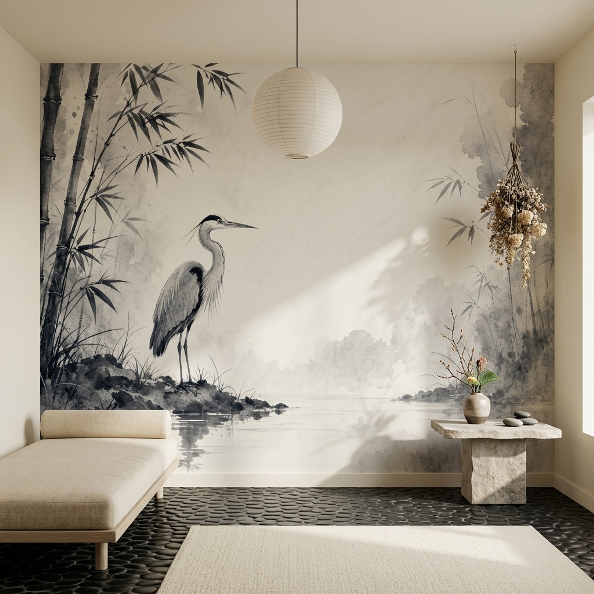 Ink Wash Wallpaper Bamboo Heron Removable Wall Decor