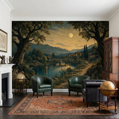 Landscape Mural Wallpaper Moonlit Countryside River And Stone Bridge Wall Mural