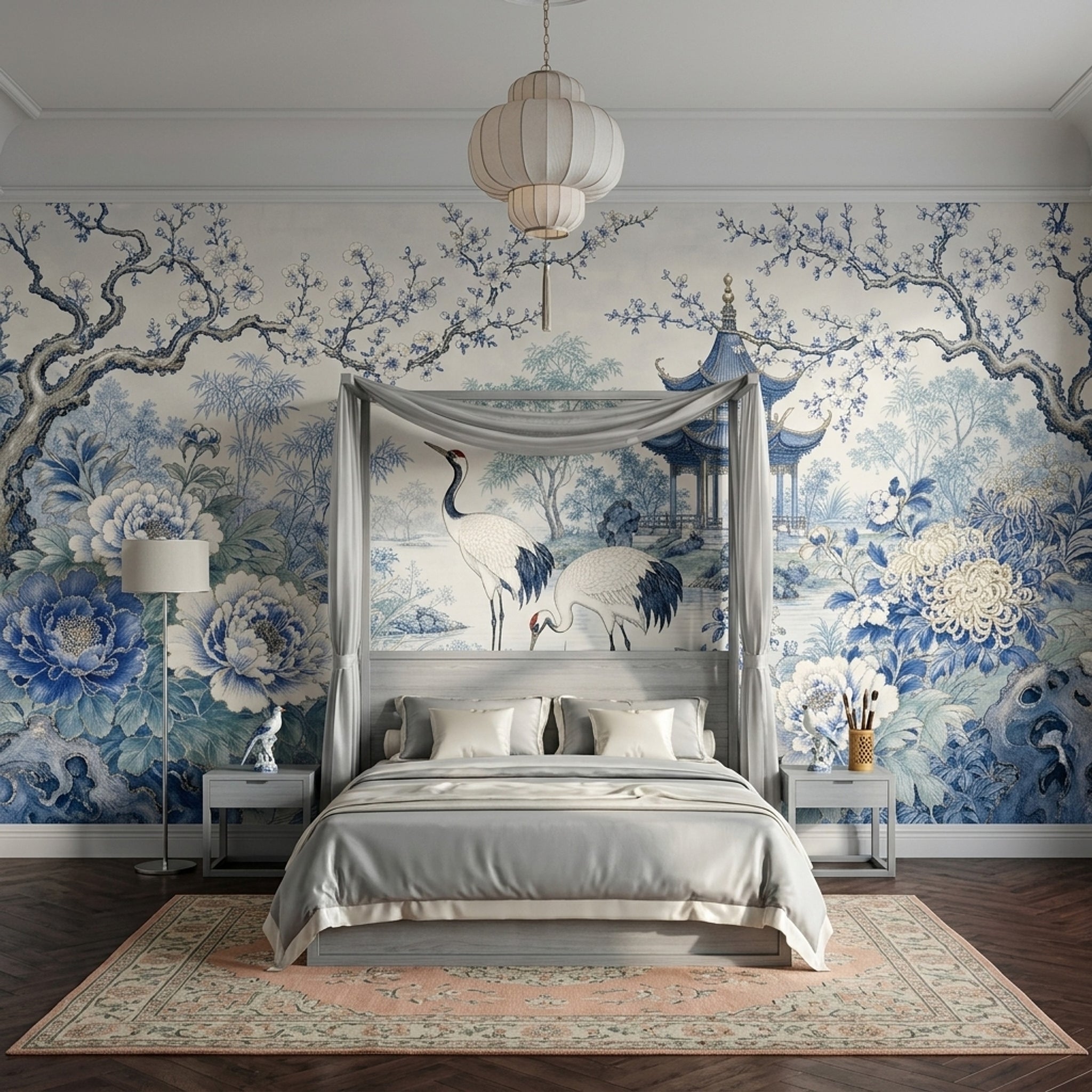 Chinoiserie Wallpaper Blue And White Cranes Removable Wall Decor
