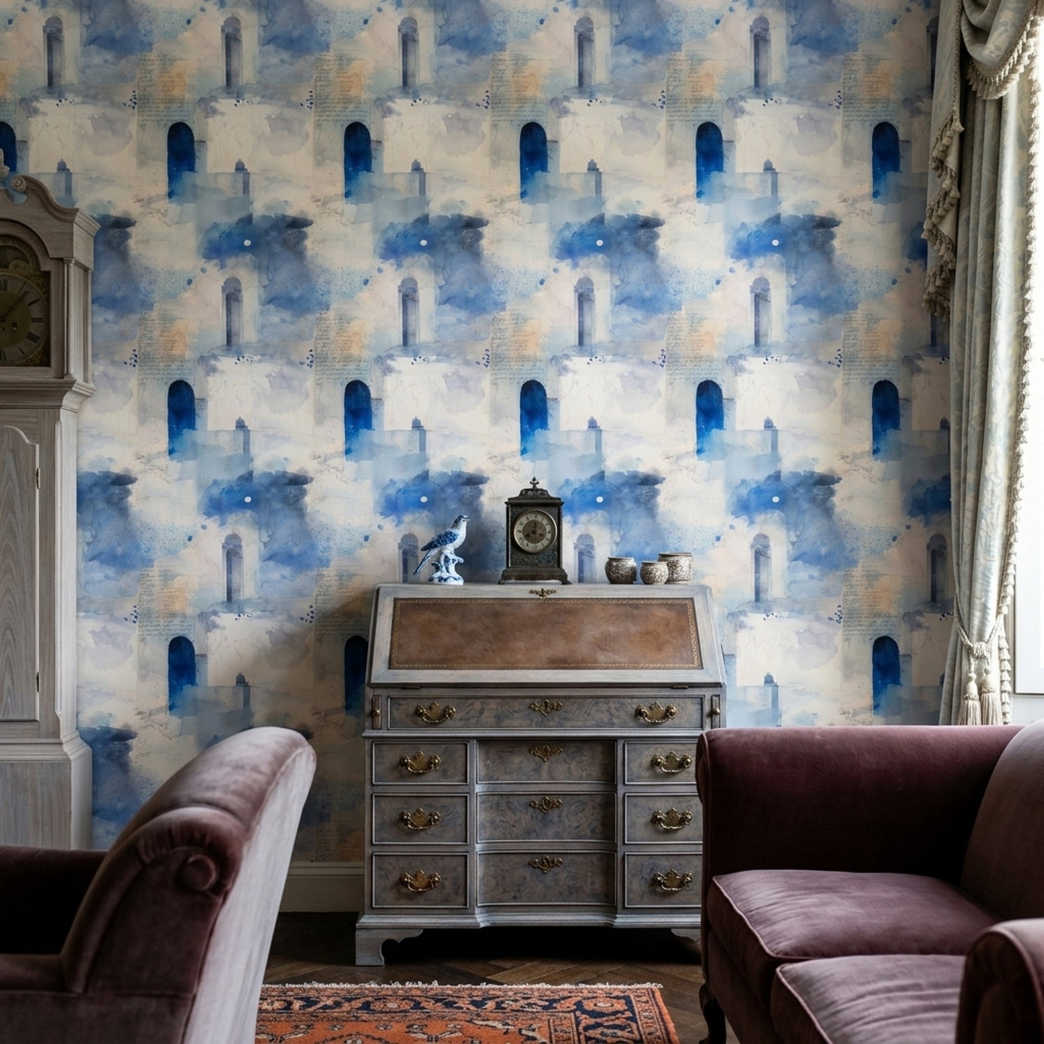Mediterranean Architecture Wallpaper Abstract Watercolor Removable Blue And White Wall Double Roll