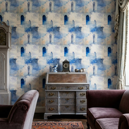 Mediterranean Architecture Wallpaper Abstract Watercolor Removable Blue And White Wall Double Roll