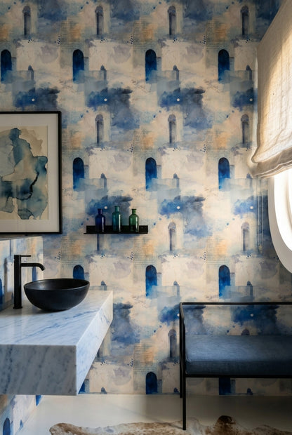 Mediterranean Architecture Wallpaper Abstract Watercolor Removable Blue And White Wall Double Roll