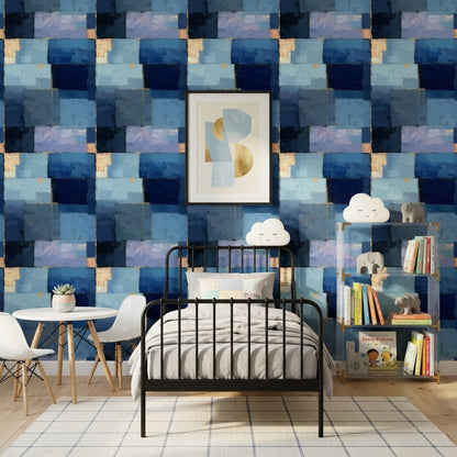 Geometric Blocks Wallpaper Abstract Gold Accents Removable Wall Decor