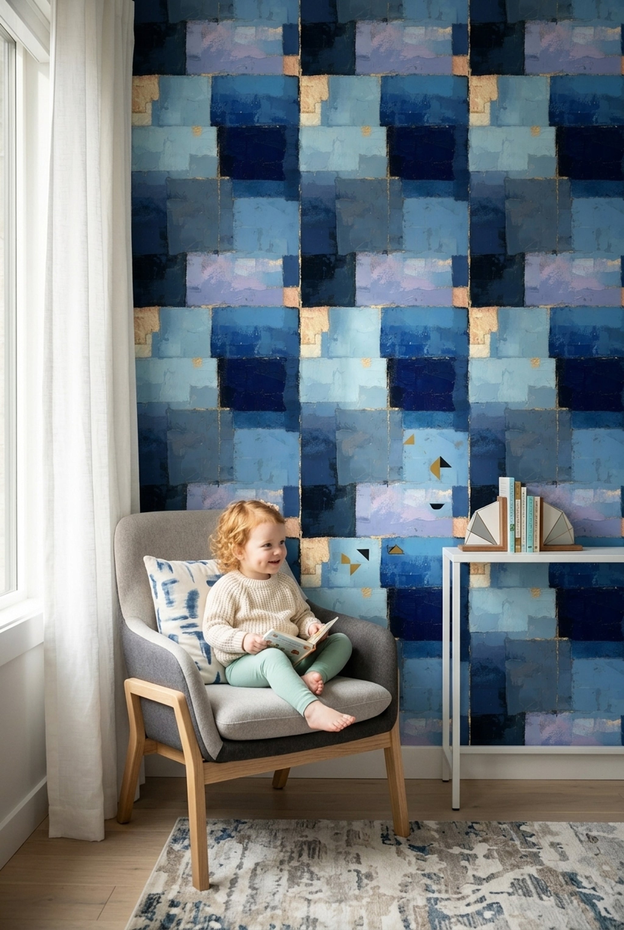 Geometric Blocks Wallpaper Abstract Gold Accents Removable Wall Decor