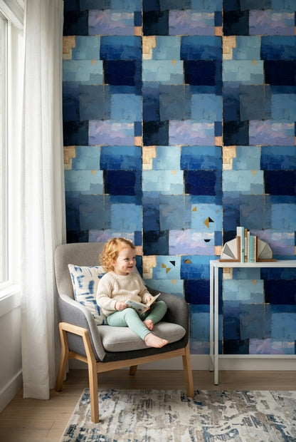 Geometric Blocks Wallpaper Abstract Gold Accents Removable Wall Decor