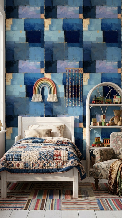 Geometric Blocks Wallpaper Abstract Gold Accents Removable Wall Decor