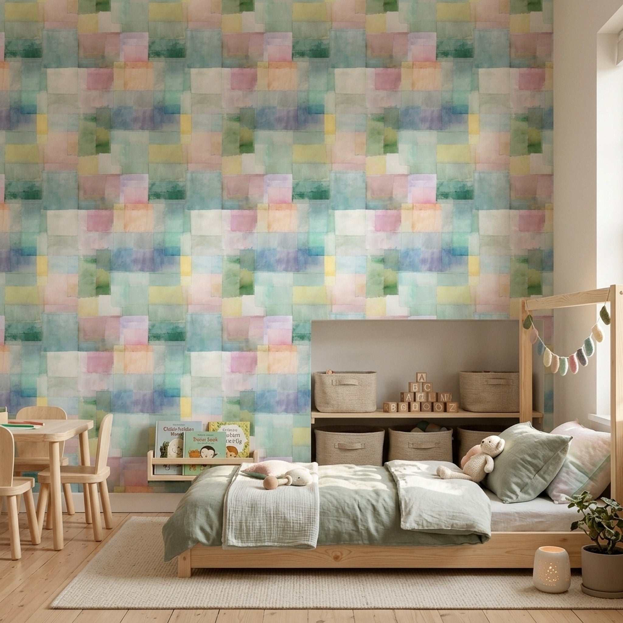 Geometric Blocks Wallpaper Watercolor Wash Removable Pastel Wall Double Roll