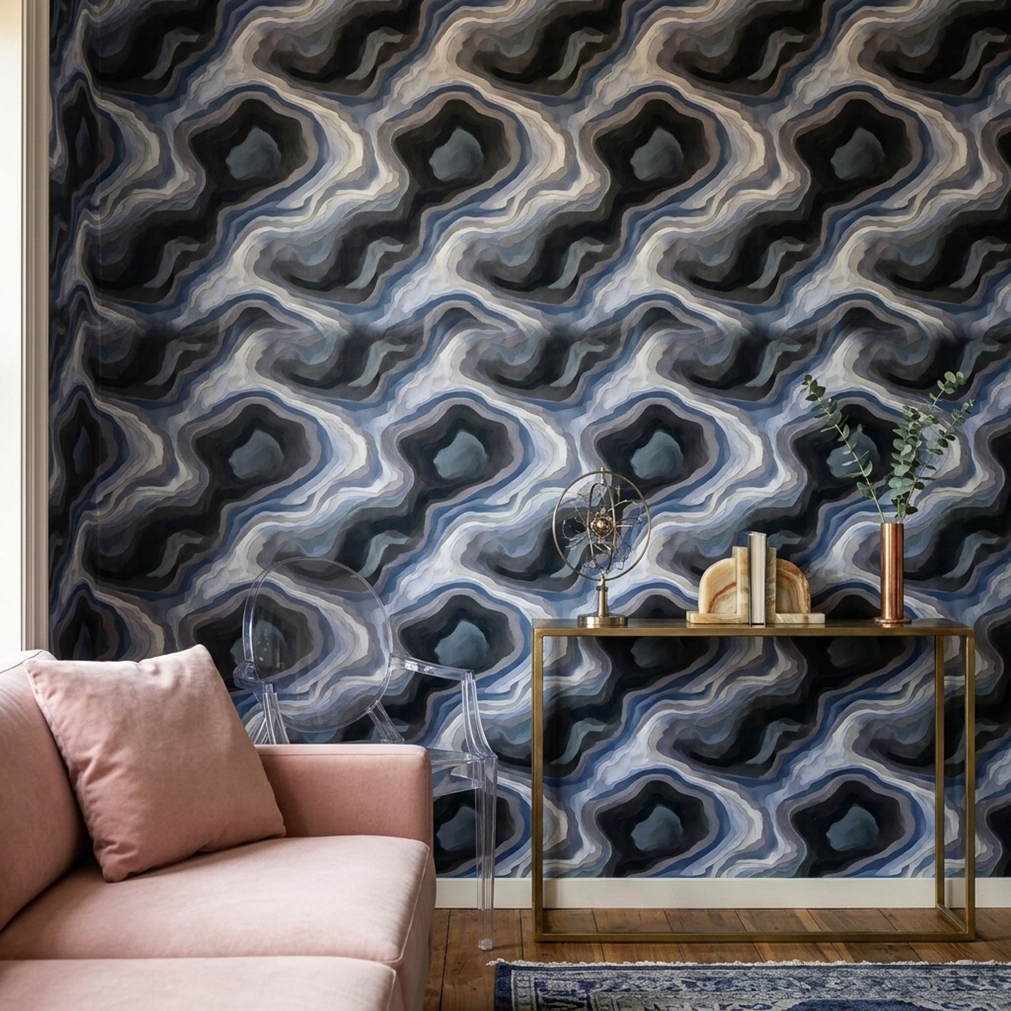 Dark Abstract Wallpaper Topographic Contours Marble Agate Removable Wall Decor