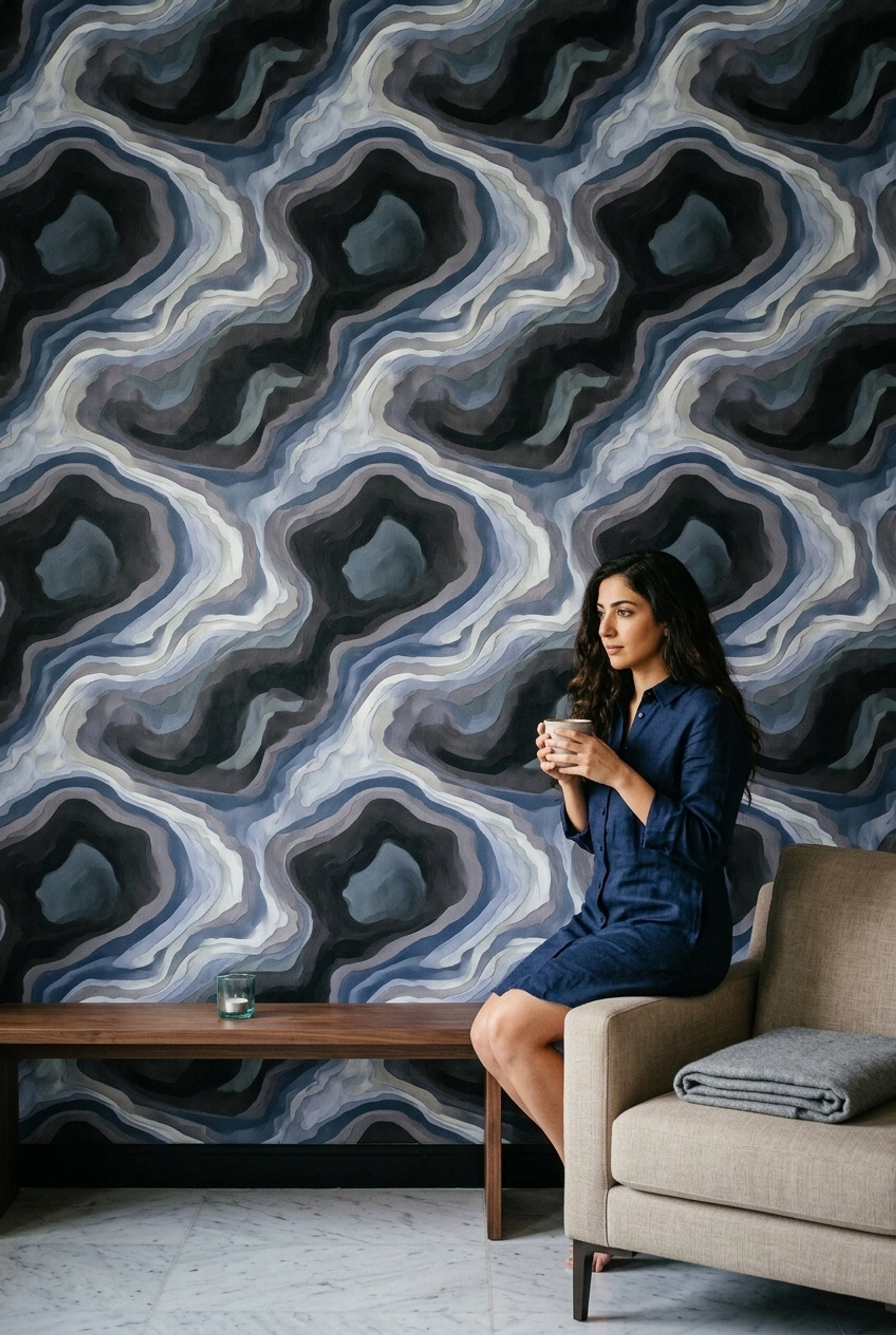 Dark Abstract Wallpaper Topographic Contours Marble Agate Removable Wall Decor