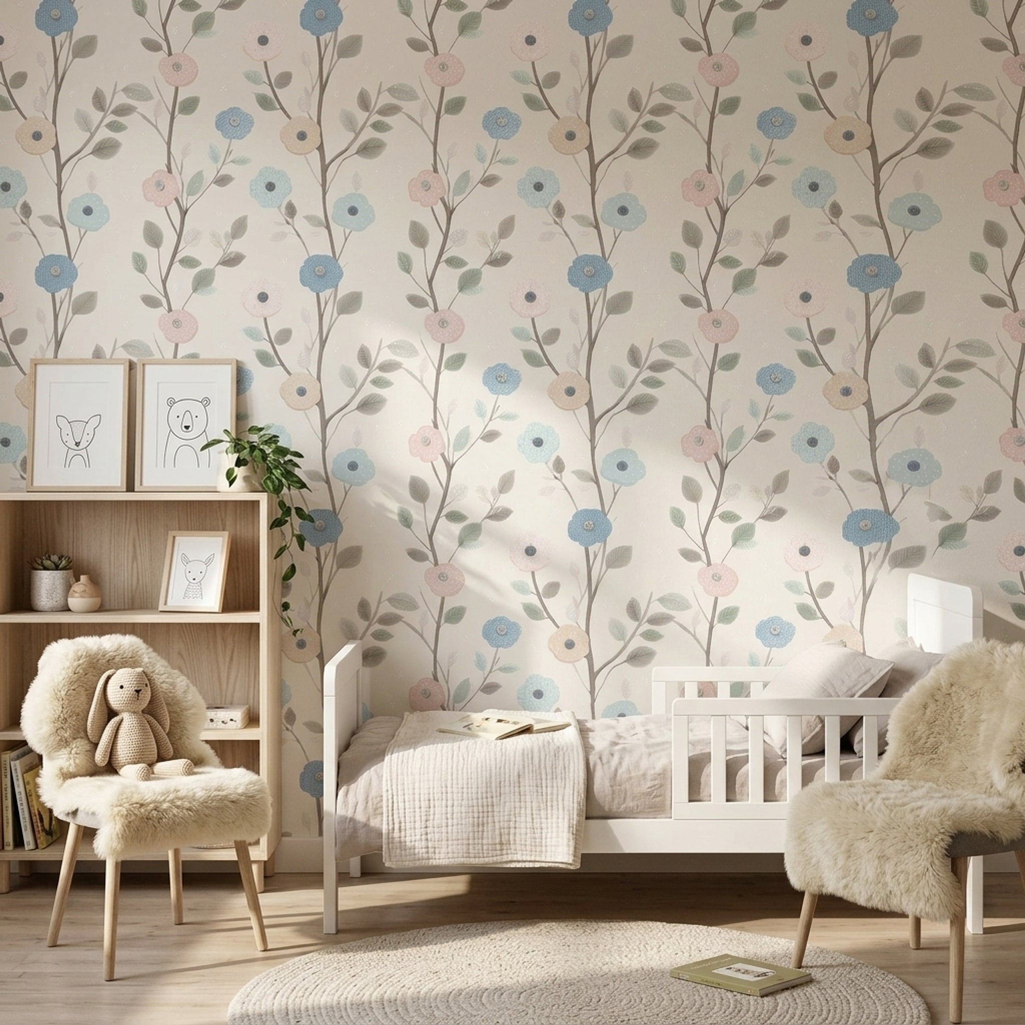 Pastel Floral Wallpaper Botanical Branches Cream Background Decorative Mural
