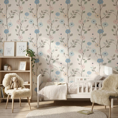 Pastel Floral Wallpaper Botanical Branches Cream Background Decorative Mural