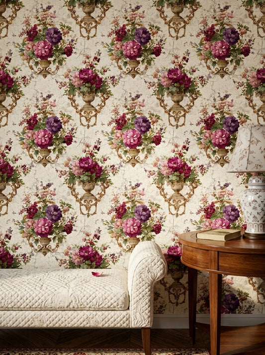 Floral Bouquet Wallpaper Ornate Gold Scrollwork Vintage Crackle Background Removable Wall Decor