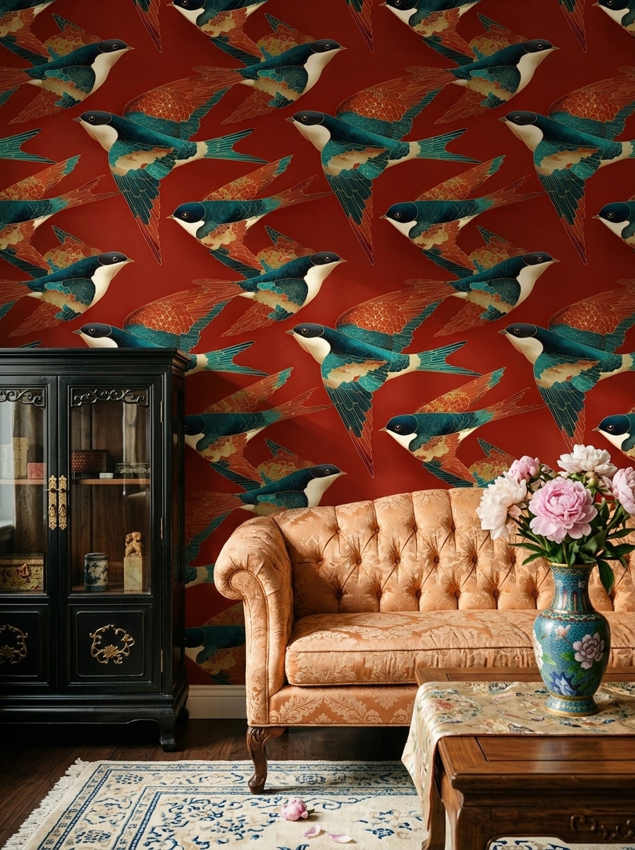 Swallows Wallpaper Birds In Flight Dark Red Background Decorative Mural
