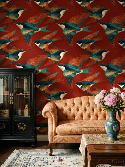 Swallows Wallpaper Birds In Flight Dark Red Background Decorative Mural