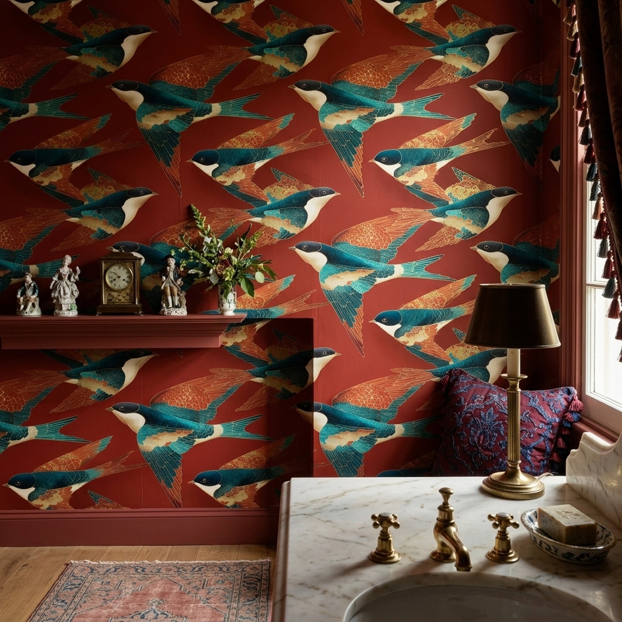 Swallows Wallpaper Birds In Flight Dark Red Background Decorative Mural