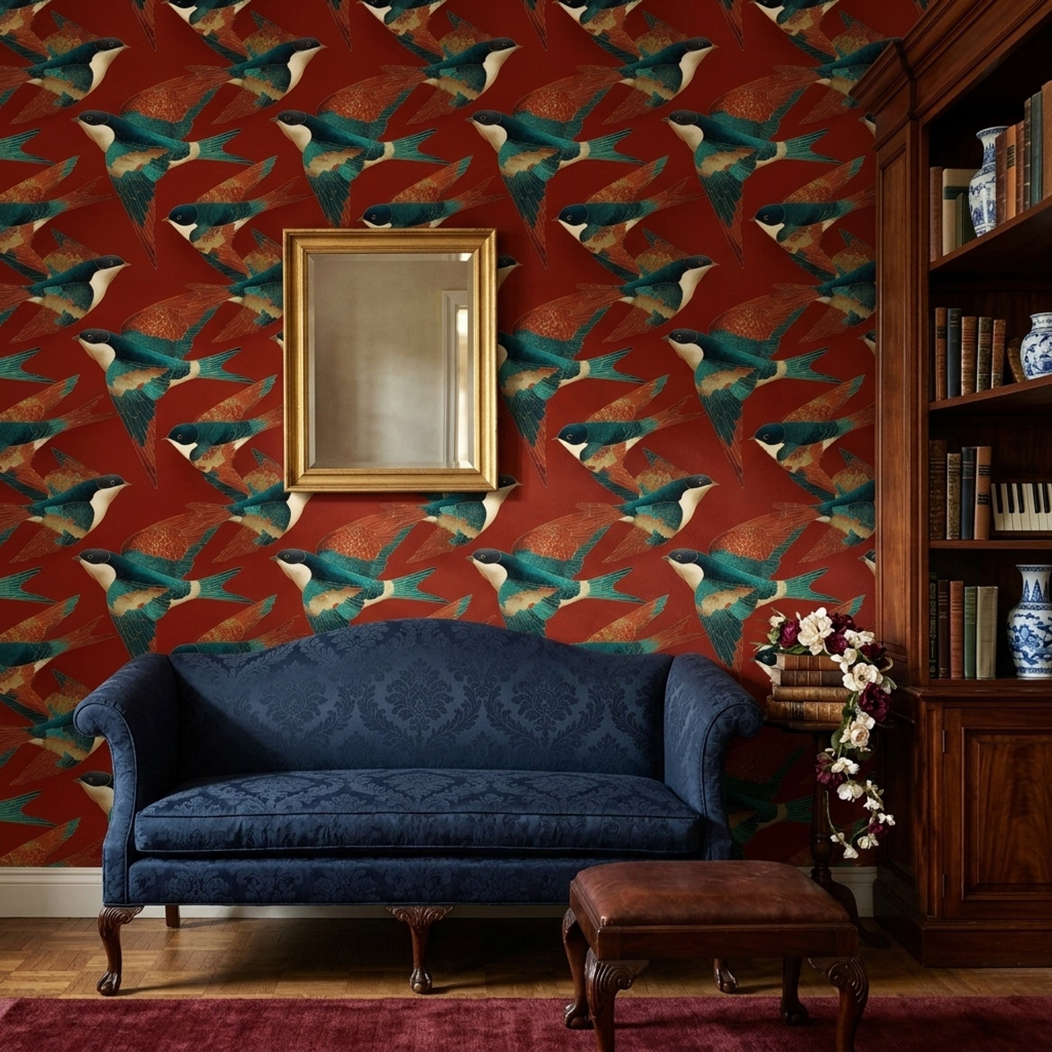 Swallows Wallpaper Birds In Flight Dark Red Background Decorative Mural