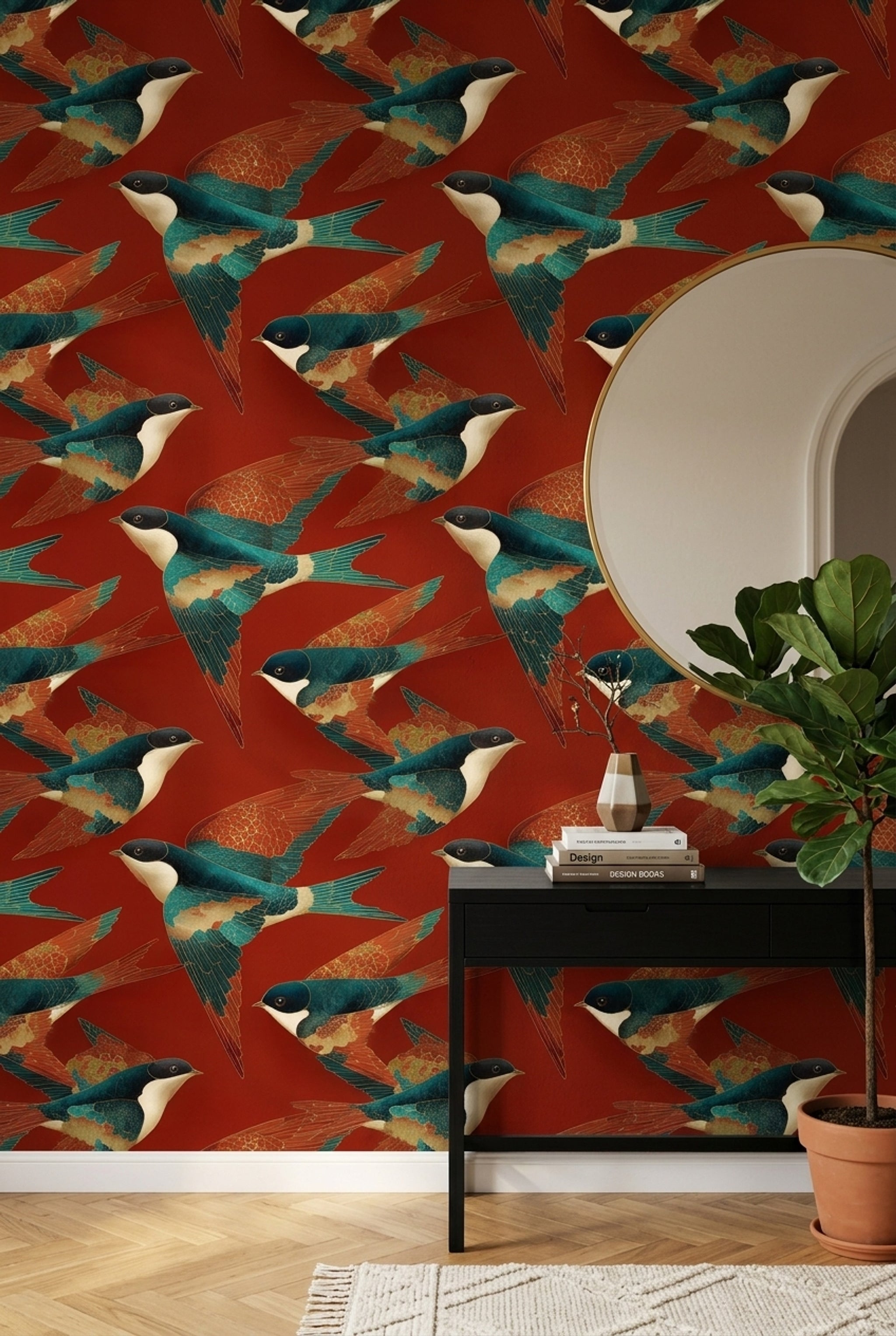 Swallows Wallpaper Birds In Flight Dark Red Background Decorative Mural