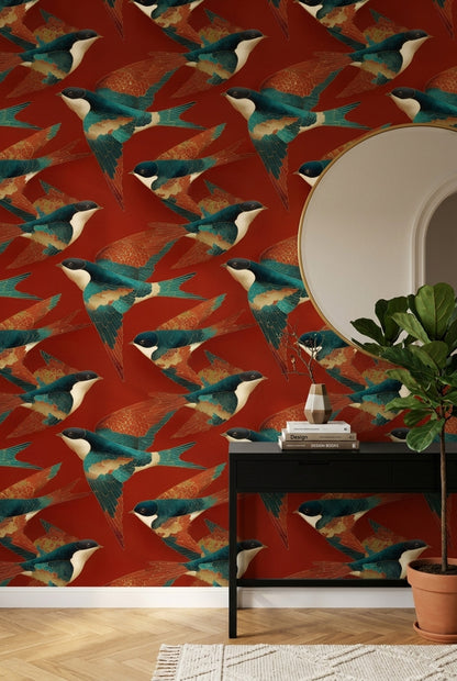 Swallows Wallpaper Birds In Flight Dark Red Background Decorative Mural