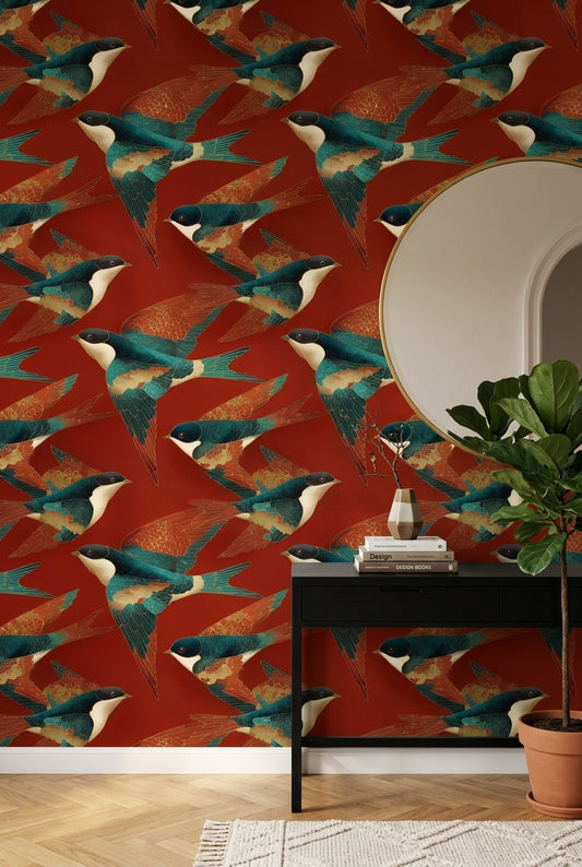Swallows Wallpaper Birds In Flight Dark Red Background Decorative Mural