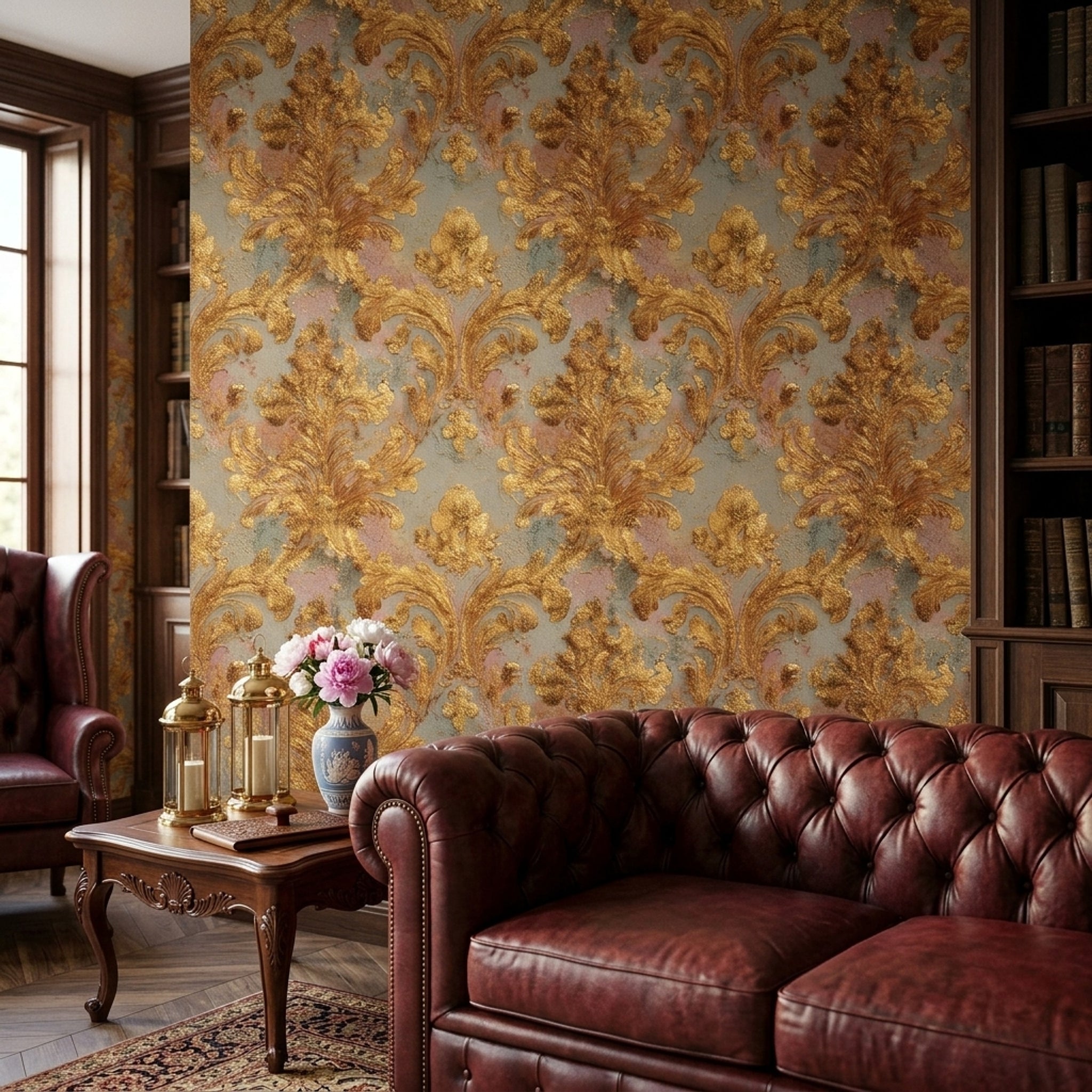 Gold Damask Wallpaper Ornate Scrollwork Removable Acanthus Leaves Wall Double Roll