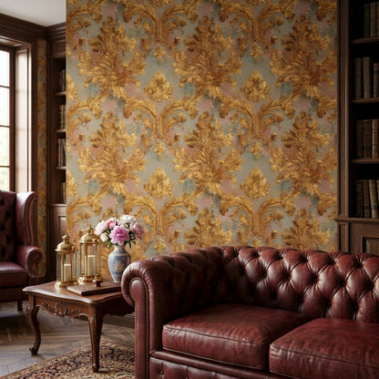 Gold Damask Wallpaper Ornate Scrollwork Removable Acanthus Leaves Wall Double Roll