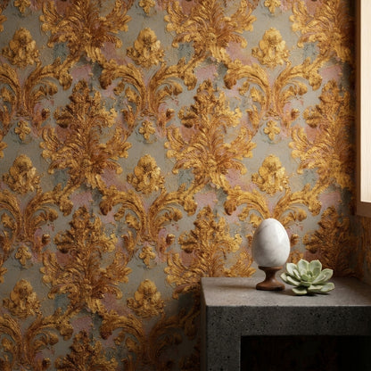 Gold Damask Wallpaper Ornate Scrollwork Removable Acanthus Leaves Wall Double Roll