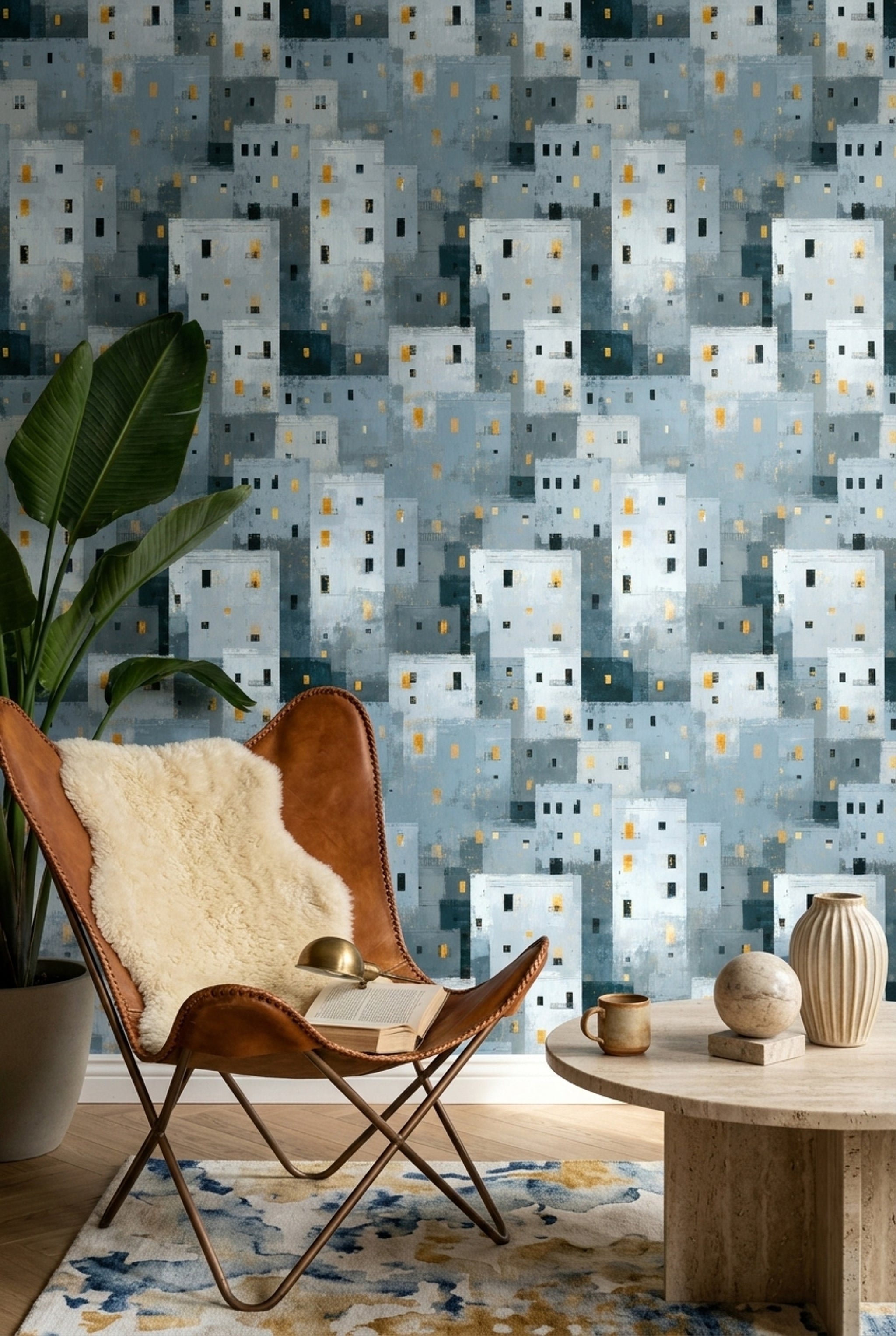 Abstract Cityscape Wallpaper Geometric Buildings Removable Modern Urban Wall Double Roll
