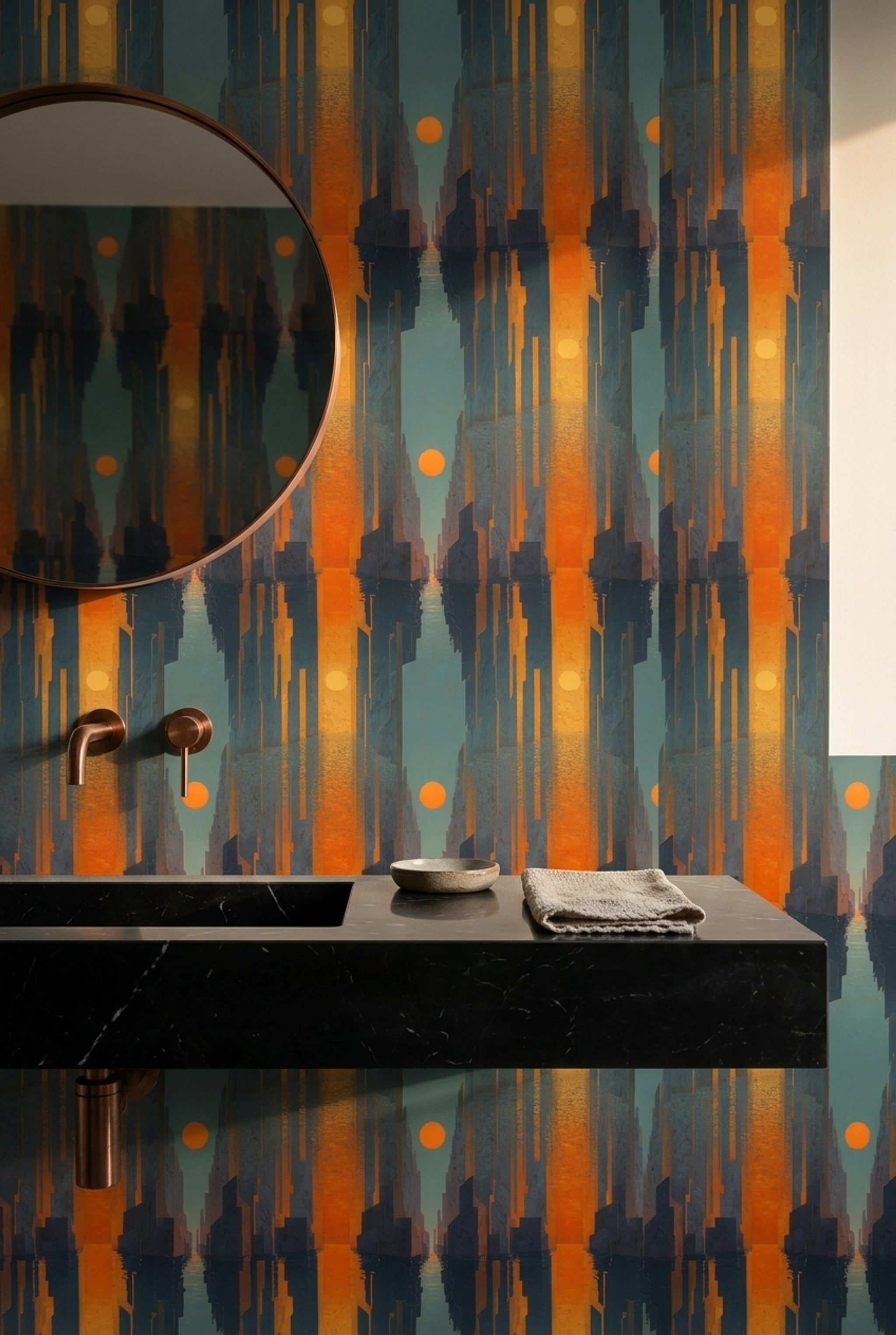 Abstract Geometric Cityscape Wallpaper Dark Navy Blue Orange Sun Decorative Mural