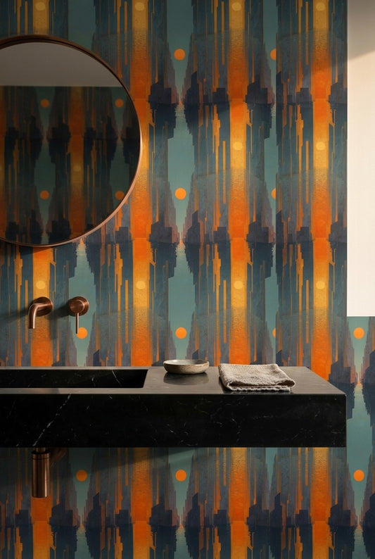 Abstract Geometric Cityscape Wallpaper Dark Navy Blue Orange Sun Decorative Mural