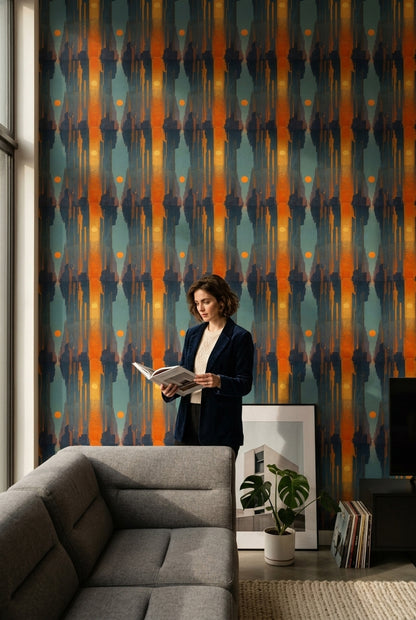 Abstract Geometric Cityscape Wallpaper Dark Navy Blue Orange Sun Decorative Mural
