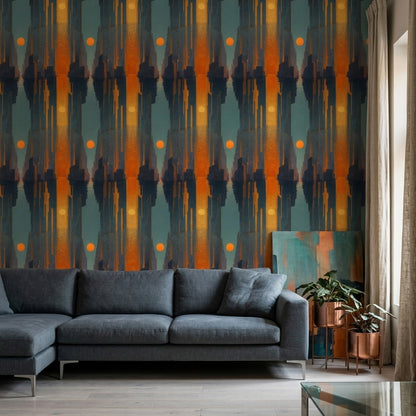 Abstract Geometric Cityscape Wallpaper Dark Navy Blue Orange Sun Decorative Mural