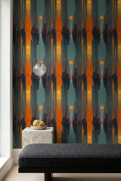 Abstract Geometric Cityscape Wallpaper Dark Navy Blue Orange Sun Decorative Mural