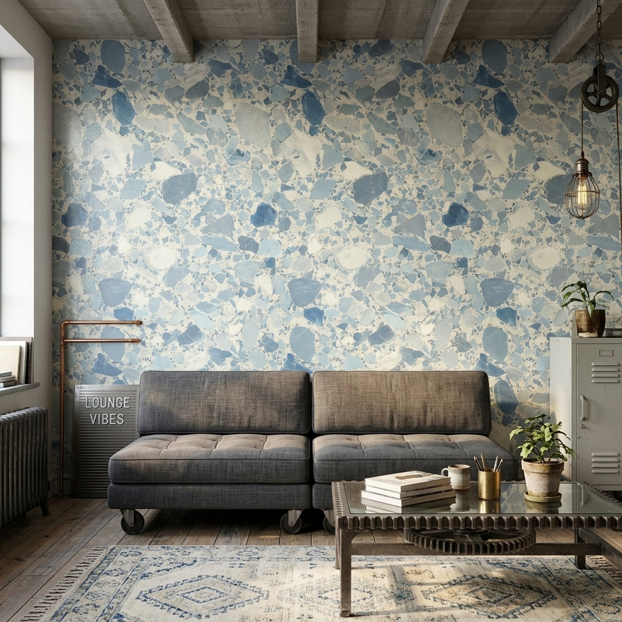 Terrazzo Wallpaper Blue Stone Chips Removable Marble Veining Wall Double Roll