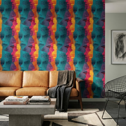 Abstract Faces Wallpaper Overlapping Profiles Teal Background Removable Wall Decor