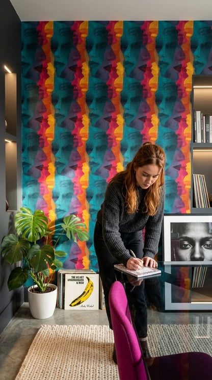 Abstract Faces Wallpaper Overlapping Profiles Teal Background Removable Wall Decor