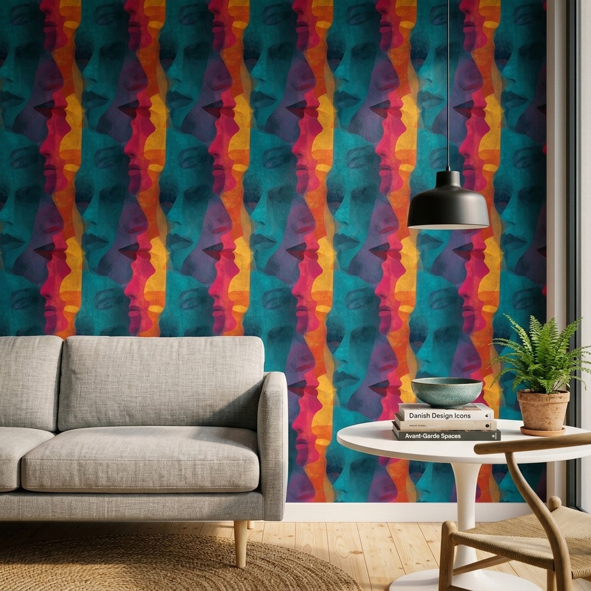 Abstract Faces Wallpaper Overlapping Profiles Teal Background Removable Wall Decor