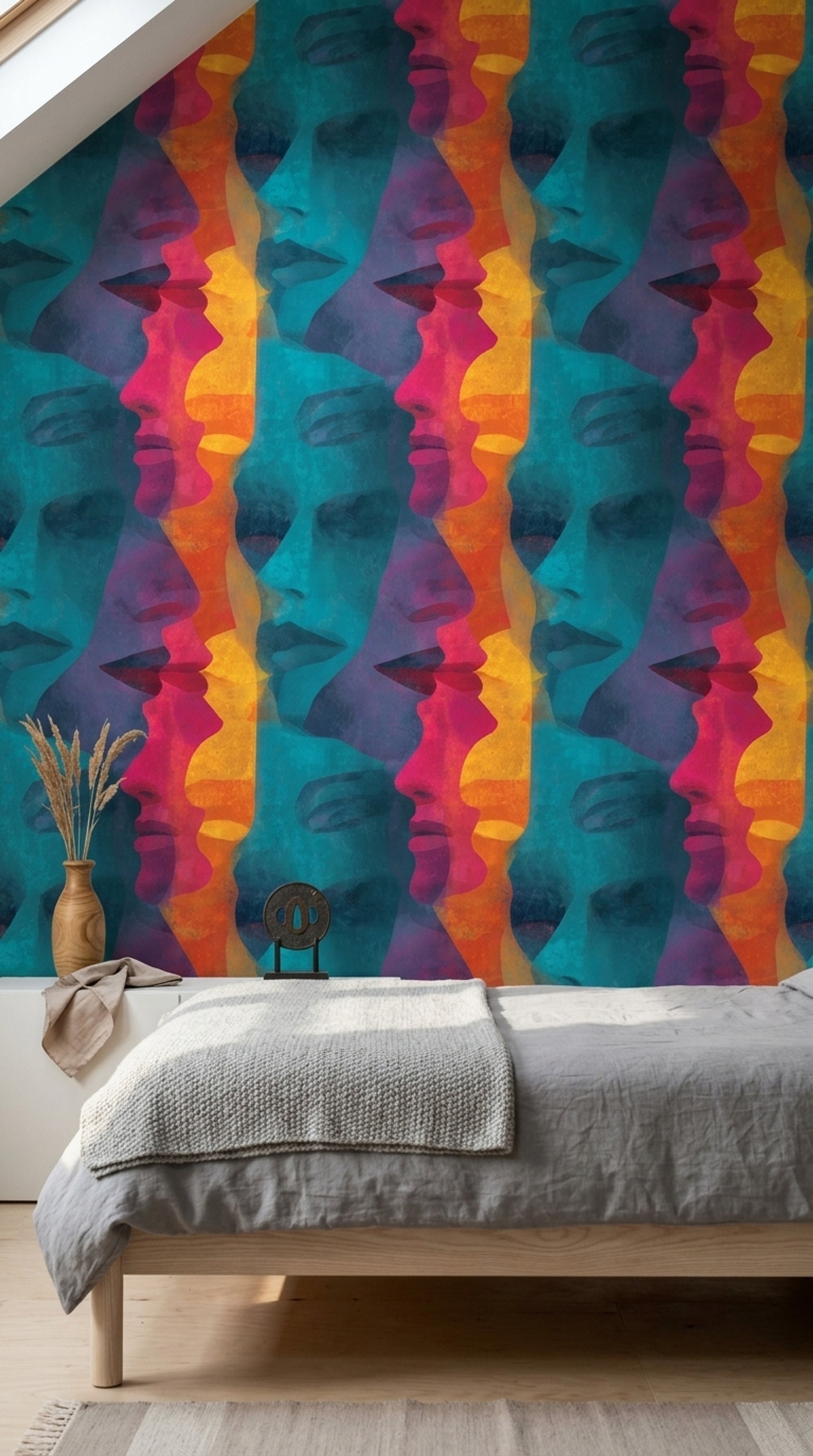 Abstract Faces Wallpaper Overlapping Profiles Teal Background Removable Wall Decor