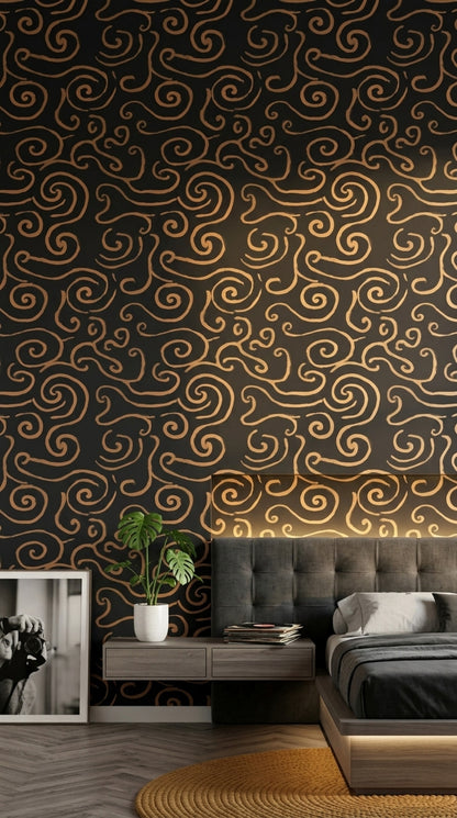 Copper Scrollwork Wallpaper Metallic Swirl Glam Luxury Decorative Mural